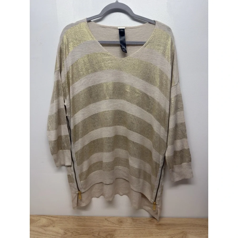 Chicos Black Label Womens V Neck Side Zip‎ Hi Low Sweater Tan Gold Size 0 #35